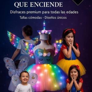 Combo Fantasía Brillante: Disfraz Unicornio, Angel, Blanca Nieves, Hadita del Arcoíris, Merlina, Hadita Celeste Luminosa