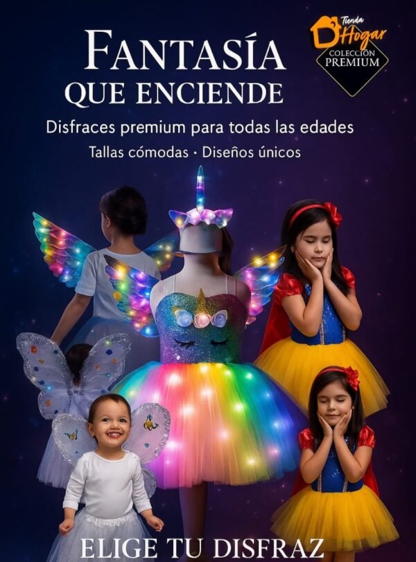 Combo Fantasía Brillante: Disfraz Unicornio, Angel, Blanca Nieves, Hadita del Arcoíris, Merlina, Hadita Celeste Luminosa